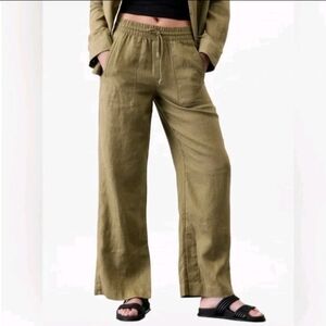 Athleta Retreat Linen High Rise Wide Leg Pants Womens Size 1X Olive Pull On